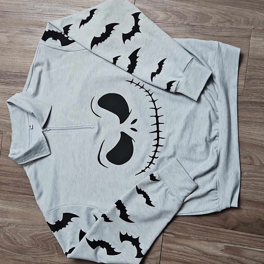 Jack Skellington Long Sleeve Quarter Zip Sweatshirt Black Bats On Sleeves Med
